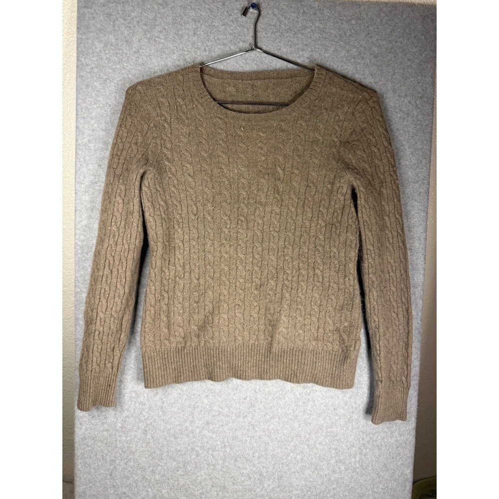 100% Cashmere Cable Knit Sweater Taupe Brown Crew Neck Pullover RN 58909